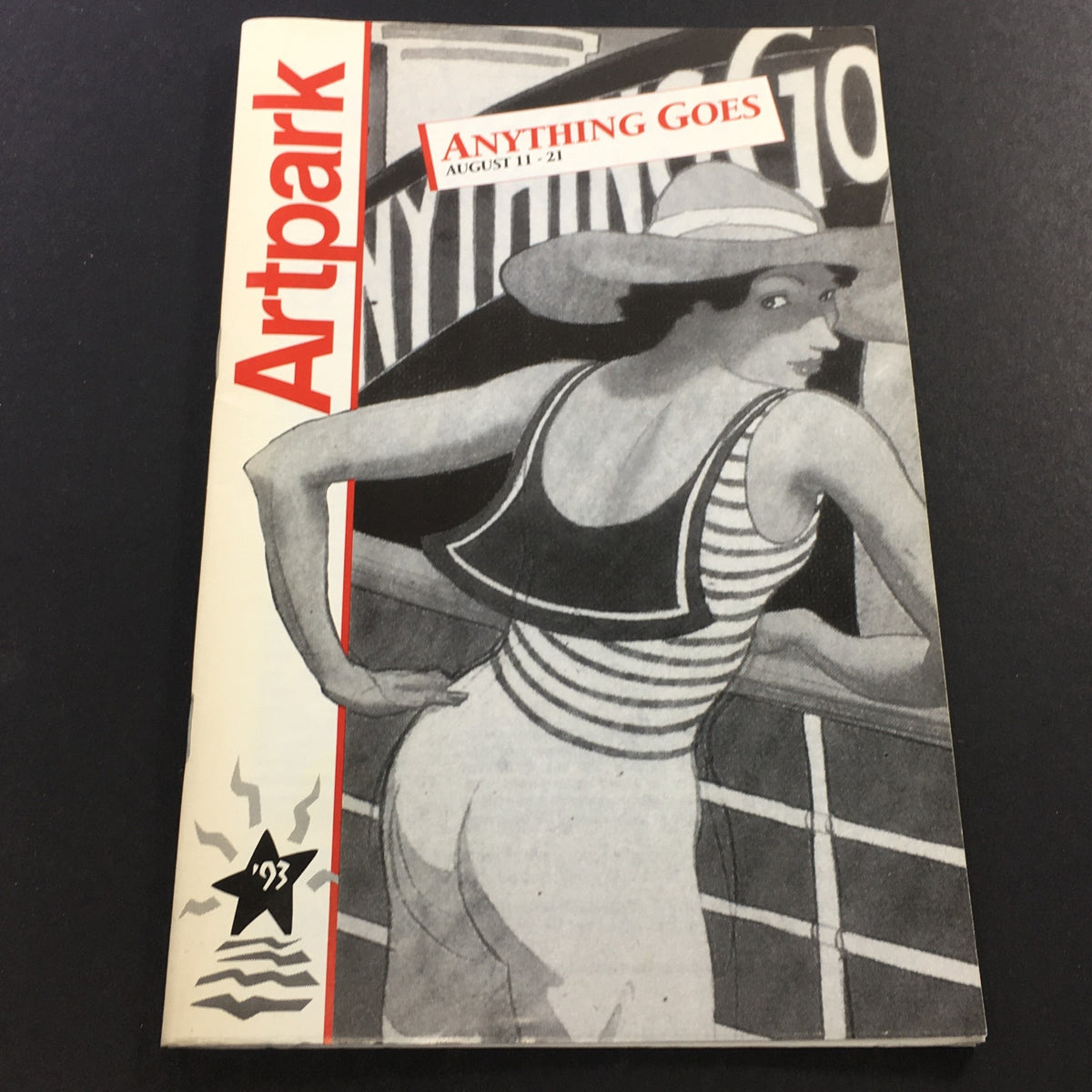 VTG Artpak Theater August 11-21 1993 - Anything Goes cover featuring a stylized illustration of a woman in a striped outfit near a theater backdrop.
