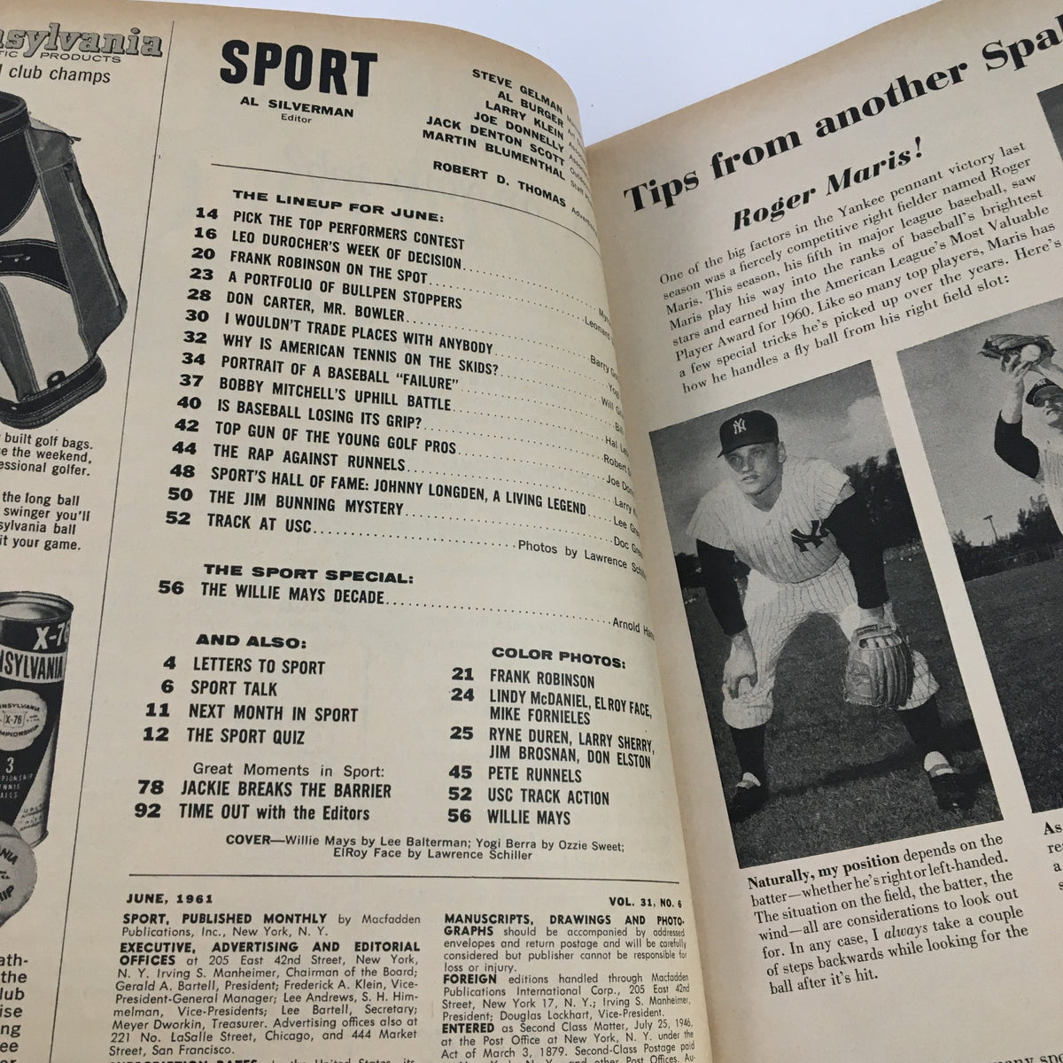 Interior page of Sport Magazine June 1961 featuring an article with a lineup of content topics including tips from Roger Maris, showcasing classic baseball nostalgia and sports history.