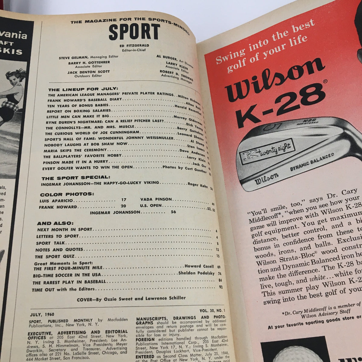 Interior page of Sport Magazine July 1960 displaying the table of contents, including features on Frank Howard and Luis Aparicio.