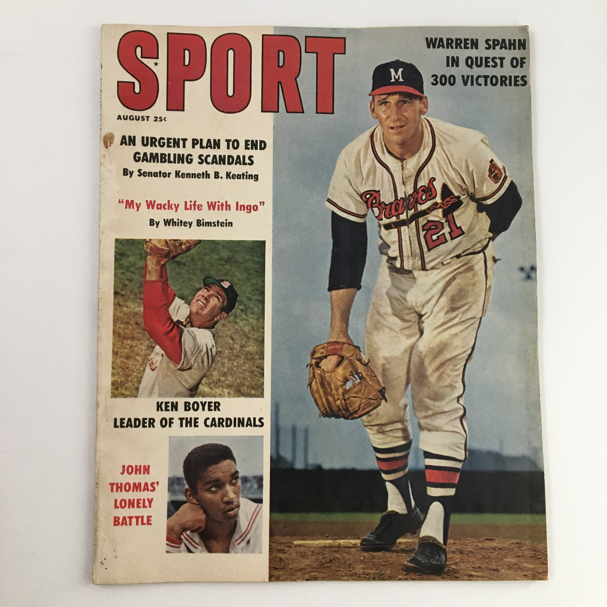 Sport Magazine August 1961 cover featuring Warren Spahn in quest of 300 victories, Ken Boyer as leader of the Cardinals, and John Thomas's lonely battle, showcasing iconic baseball imagery.