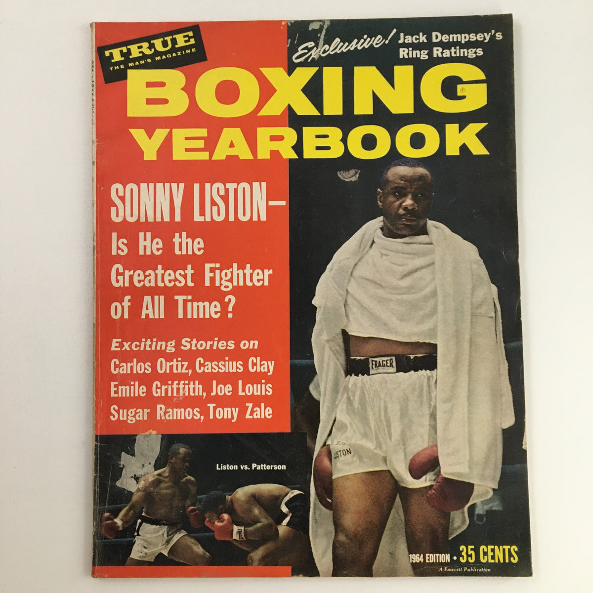 True Magazine 1964 Boxing Yearbook featuring Sonny Liston on the cover, highlighting the question of whether he is the greatest fighter of all time. This newsstand edition offers a glimpse into iconic boxing history.