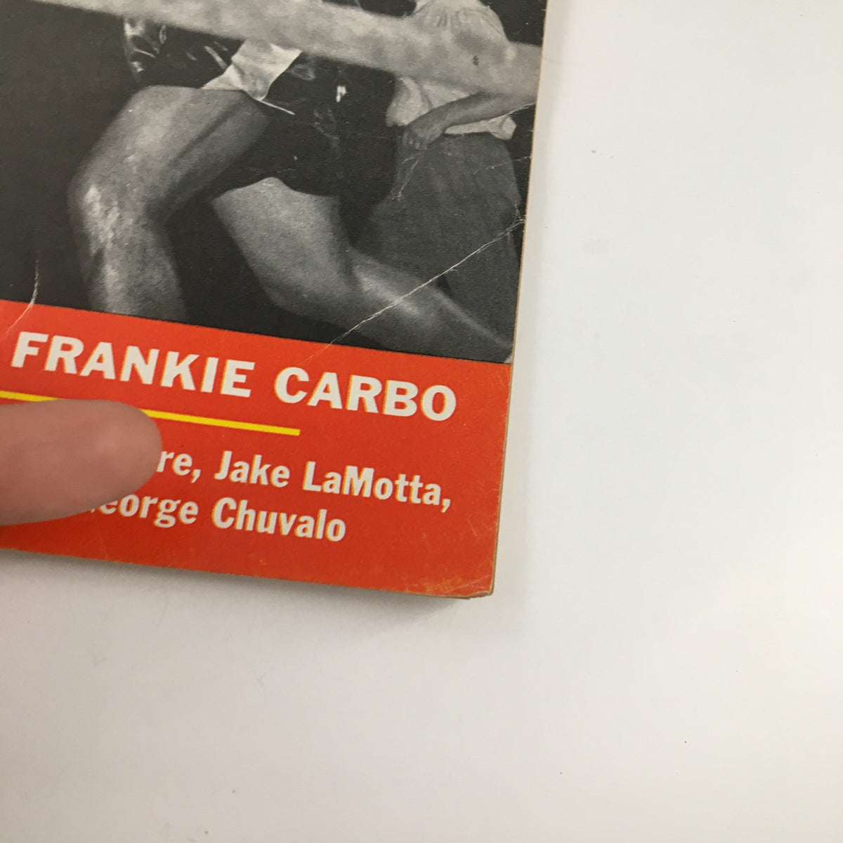 Detail from the True Magazine 1962 Boxing Yearbook cover, emphasizing the text 'Frankie Carbo' and highlighting other well-known boxers included. The cover provides insights into legendary boxing stories.