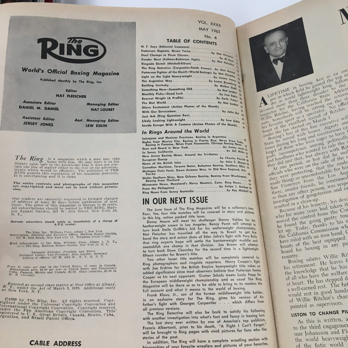 Inside page of The Ring Boxing Magazine May 1961, displaying the table of contents and editorial details, showcasing classic boxing journalism.
