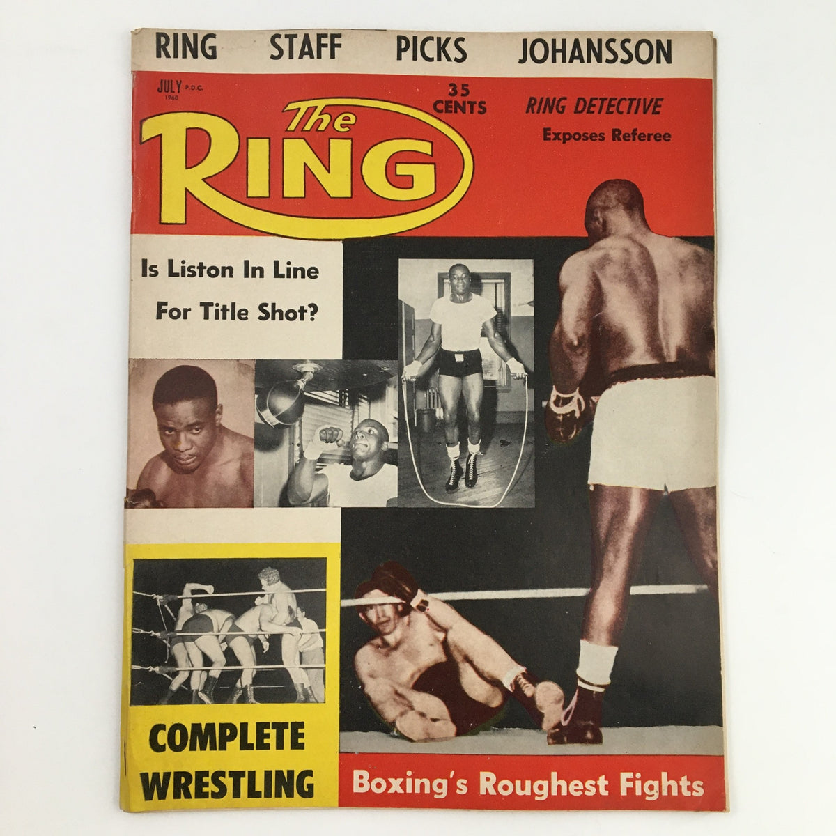 The Ring Boxing Magazine July 1960 featuring Ingemar Johansson and Sonny Liston on the cover, showcasing boxing history and vintage memorabilia.