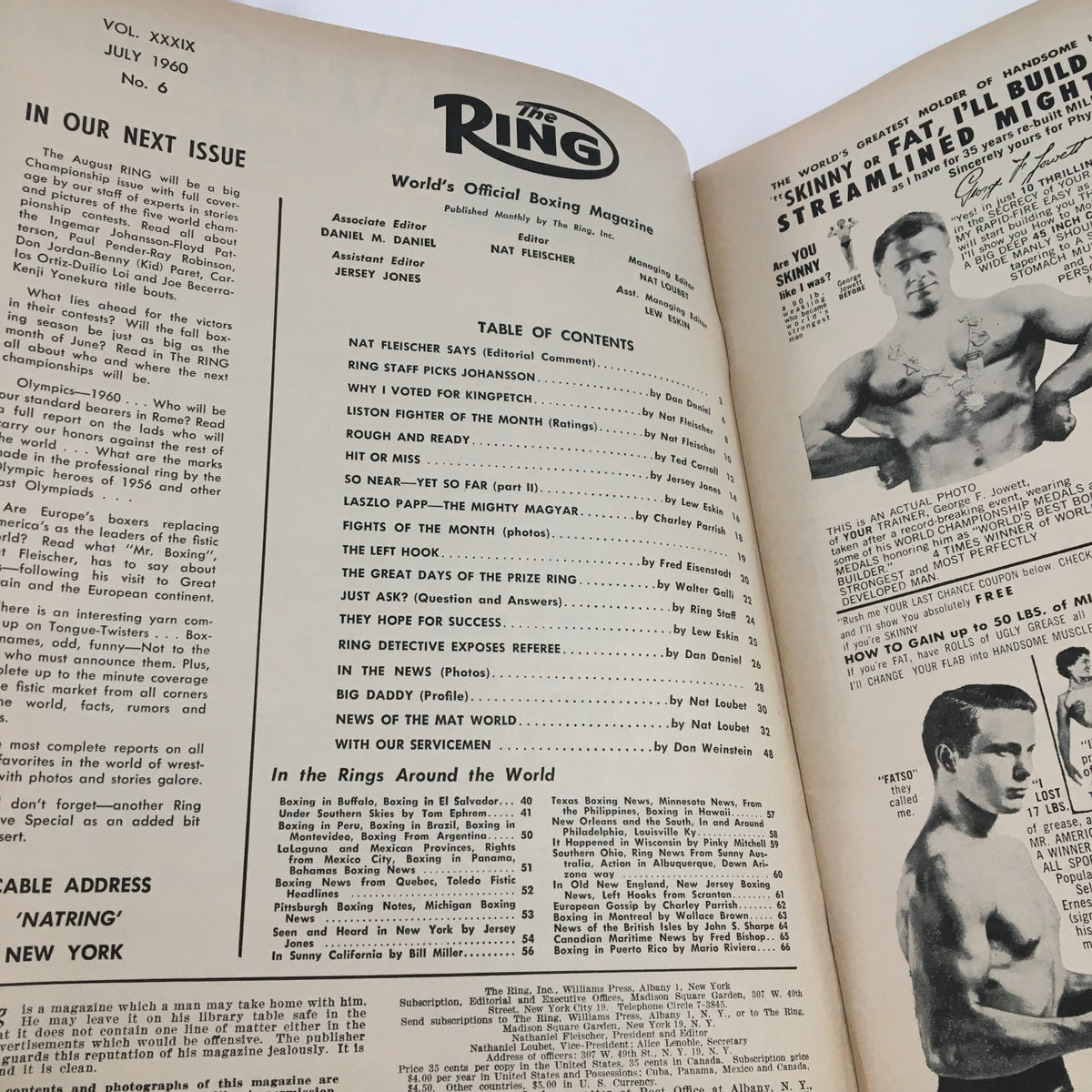 Inside page of The Ring Boxing Magazine July 1960, displaying the table of contents and articles about boxing legends and events.