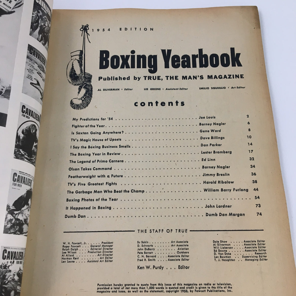 Interior page from the 1954 TRUE The Man's Magazine Boxing Yearbook displaying the contents section, including articles and topics related to boxing.