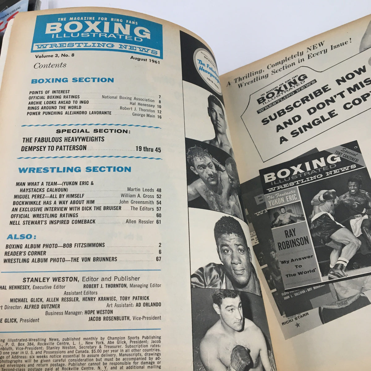 Inside contents page of the Boxing Illustrated Magazine August 1961, highlighting the boxing and wrestling sections along with features on heavyweight legends like Dempsey and Patterson.