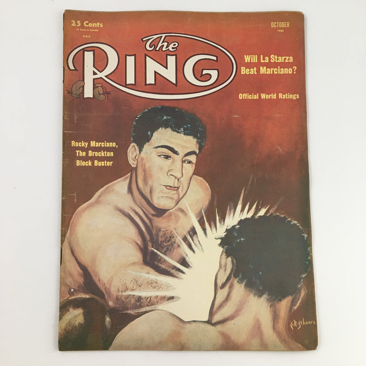 The Ring Boxing Magazine October 1953 cover featuring Rocky Marciano and Roland La Starza, showcasing vintage boxing history and iconic fighters.
