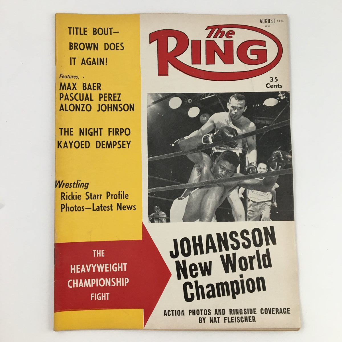 The Ring Boxing Magazine August 1959 featuring Ingemar Johansson as New World Champion on the cover, highlighting boxing nostalgia.