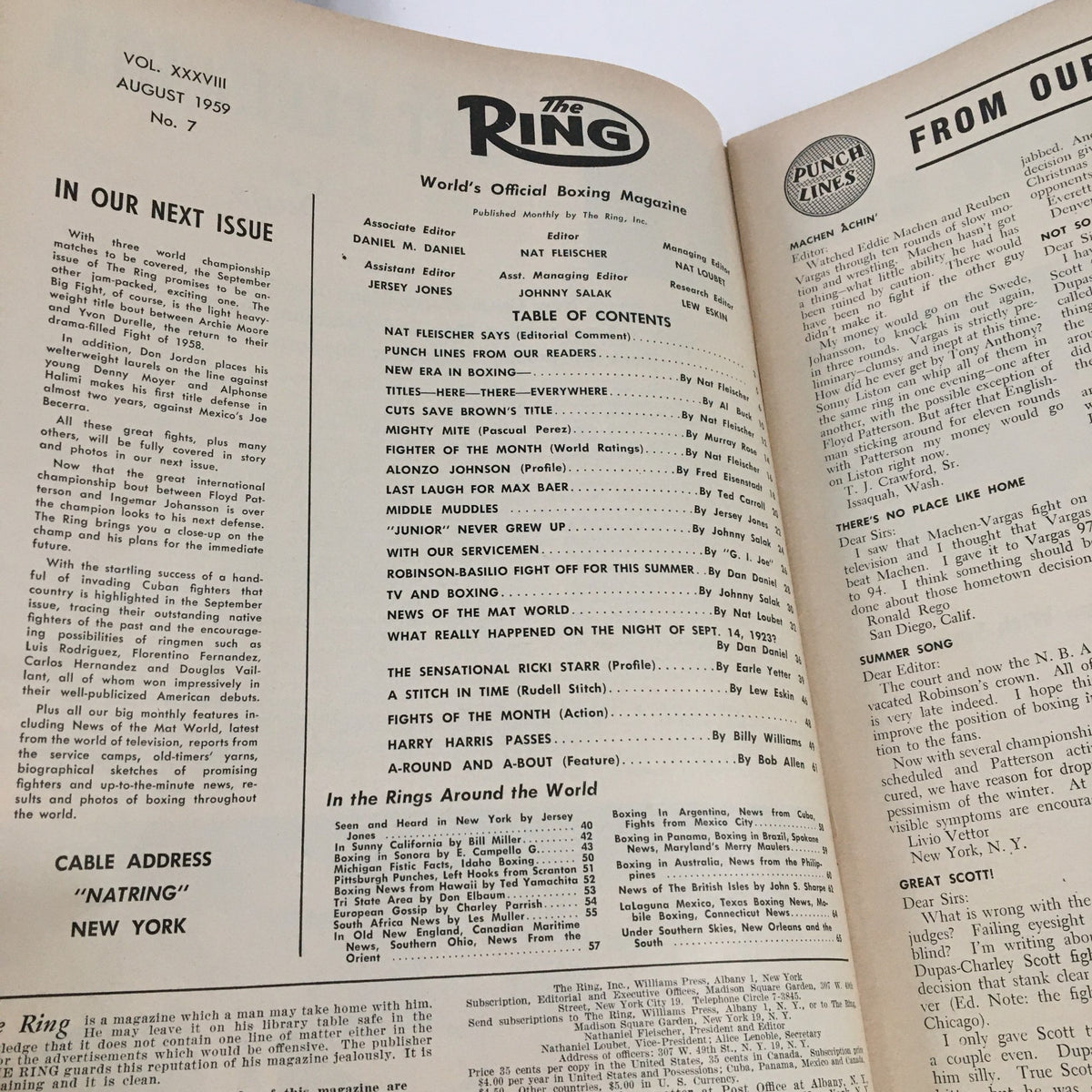 Inside page of The Ring Boxing Magazine August 1959, showcasing the table of contents and features related to boxing including profiles and upcoming events.