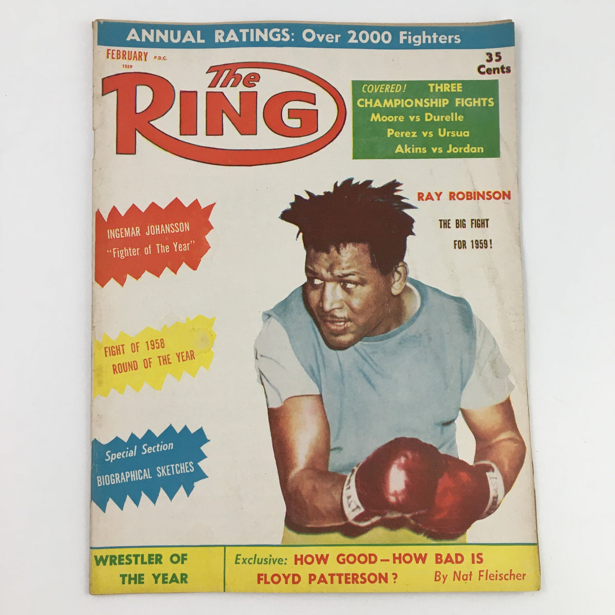 The Ring Boxing Magazine February 1959 cover featuring Ray Robinson and Ingemar Johansson, showcasing boxing headlines and vibrant graphics.