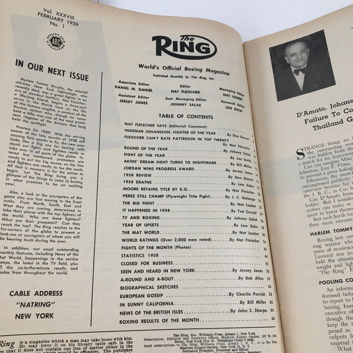Inside page of The Ring Boxing Magazine February 1959 displaying the table of contents with editorial notes and features.