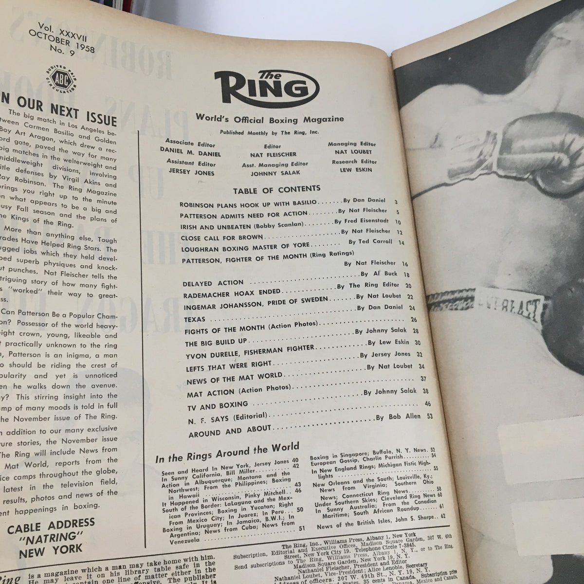 Inside view of The Ring Boxing Magazine October 1958 displaying the table of contents and details about boxing legends including sections about Patterson and Robinson.