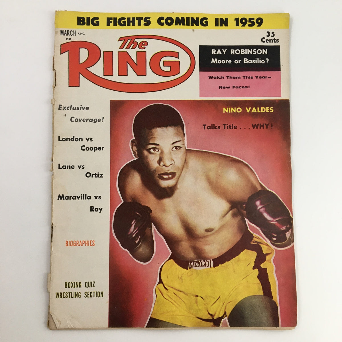 The Ring Boxing Magazine March 1959 featuring Nino Valdes on the cover, showcasing highlights of boxing history and big fights coming that year.