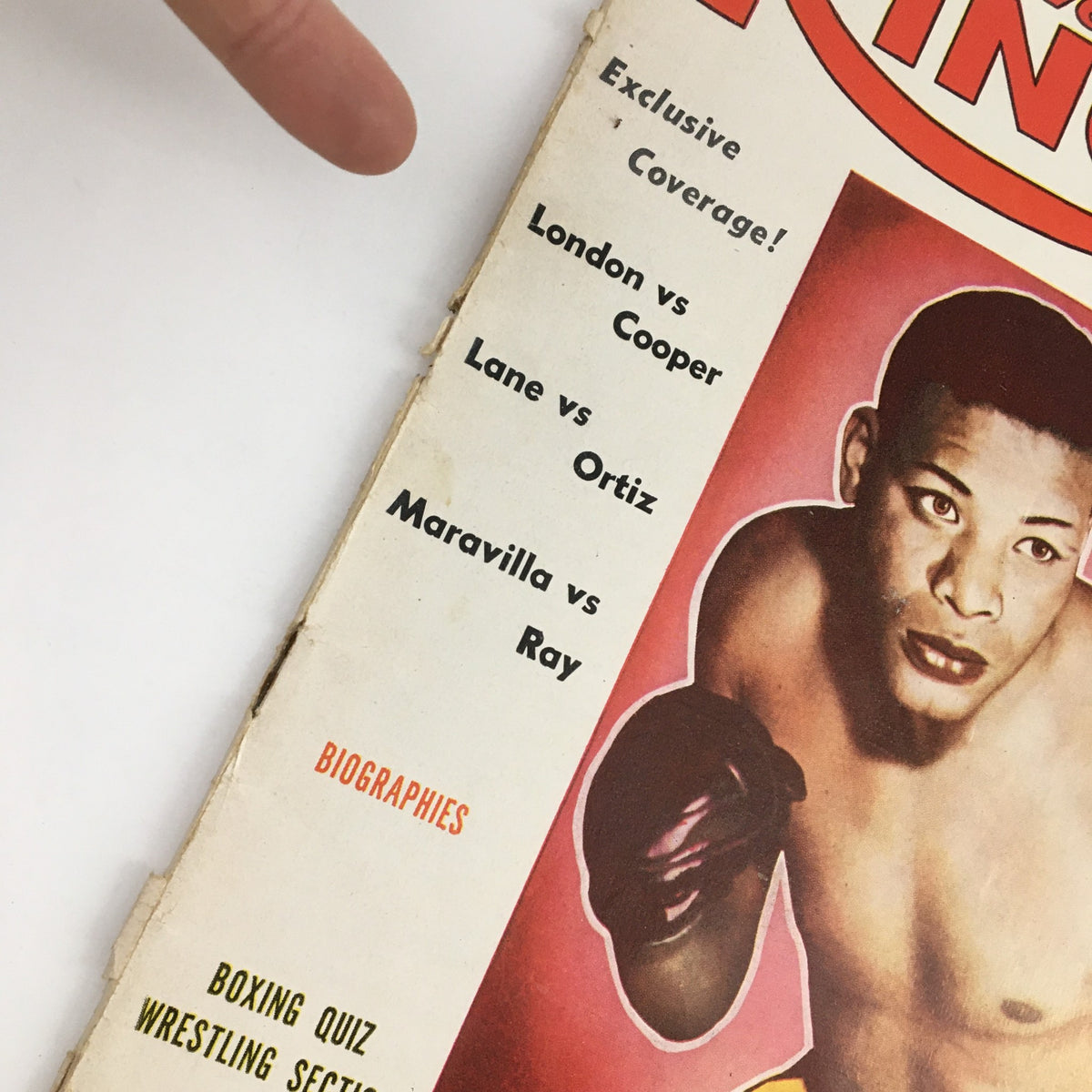 Close-up of The Ring Boxing Magazine March 1959 cover, focusing on Nino Valdes and fight matchups listed, emphasizing exclusive coverage and biographies.