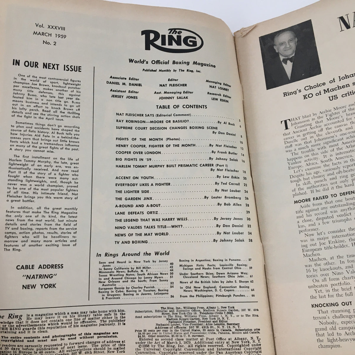 Interior page of The Ring Boxing Magazine March 1959, displaying table of contents and editorial comments, highlighting notable figures in boxing during that era.
