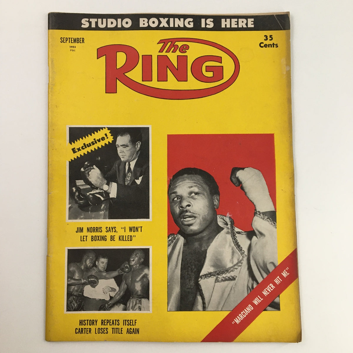 The Ring Boxing Magazine September 1955 cover featuring Jim Norris and Rubin Carter with highlights including 'I won't let boxing be killed' and 'History repeats itself - Carter loses title again.'