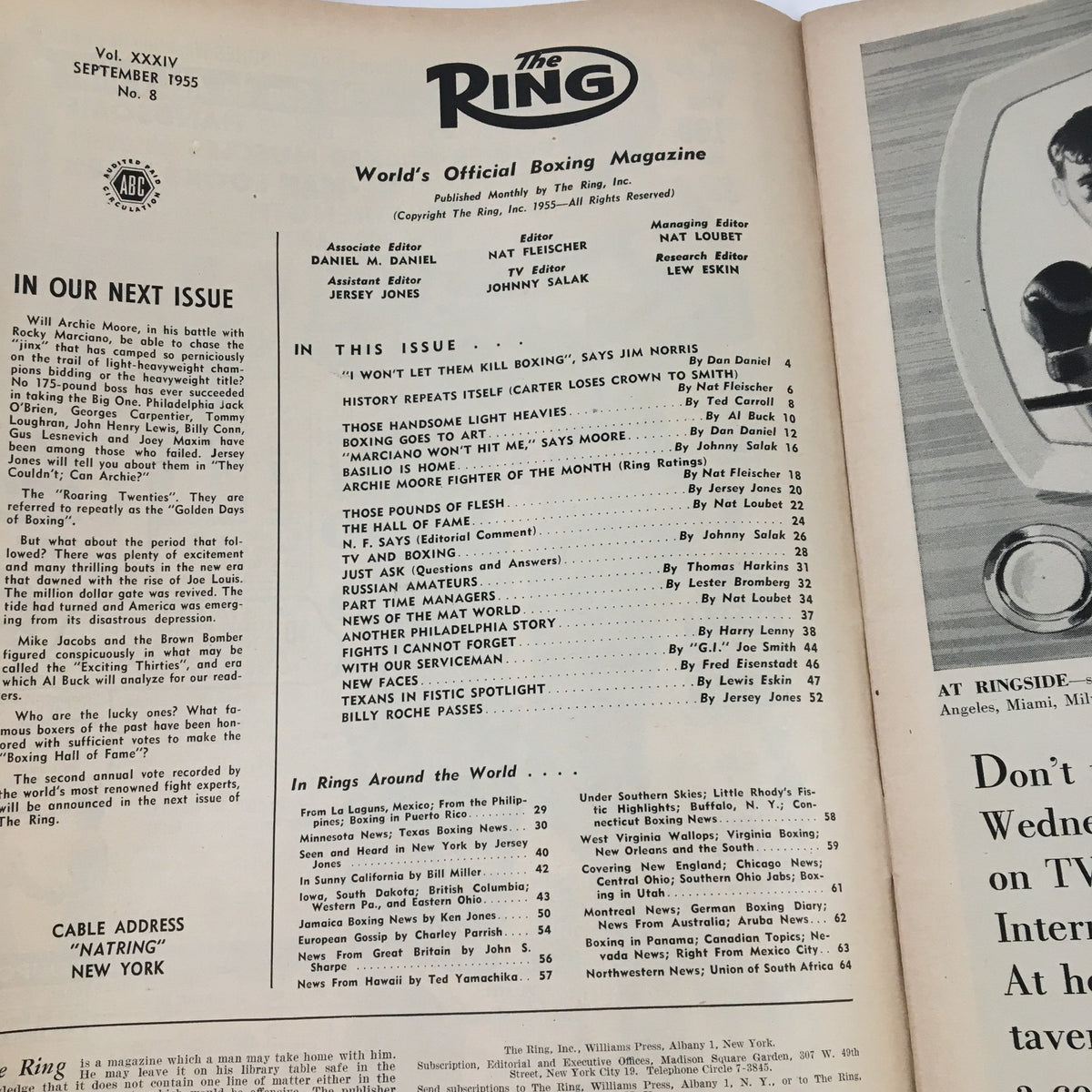 Inside page of The Ring Boxing Magazine September 1955, displaying the table of contents and articles by various authors about significant boxing events and personalities.