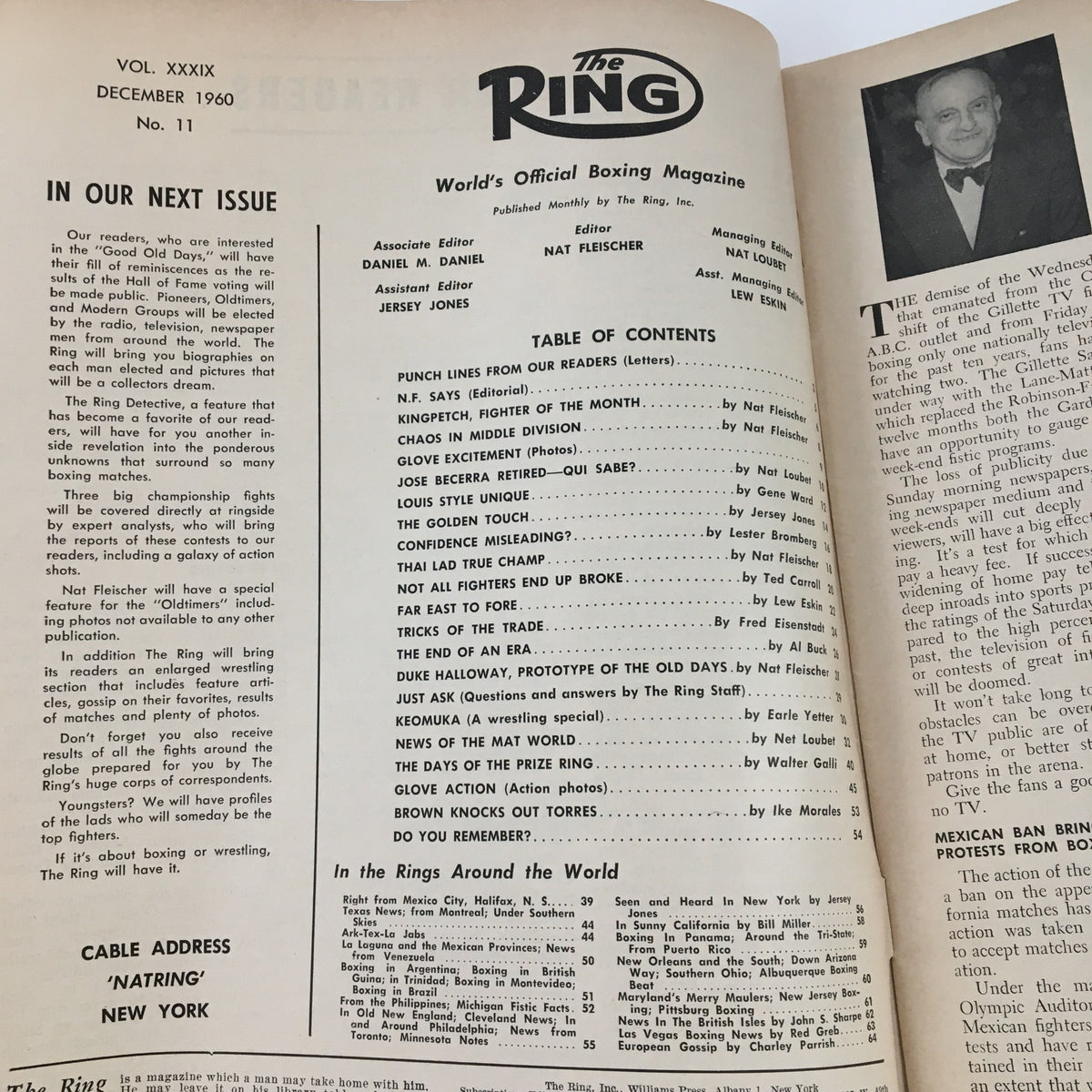 Inside page of The Ring Boxing Magazine December 1960 displaying the table of contents and editorial section. This page captures the magazine's historical significance in boxing journalism, complementing the title 'The Ring Boxing Magazine December 1960 Gene Fullmer or Ray Robinson'.