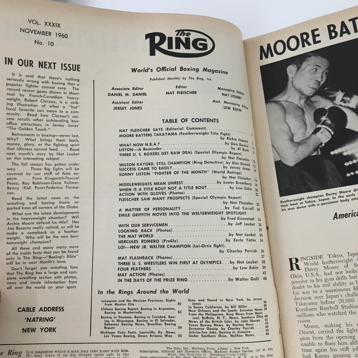 Inside page of The Ring Boxing Magazine November 1960 showcasing the table of contents and an article about Davey Moore's career and notable boxing events.
