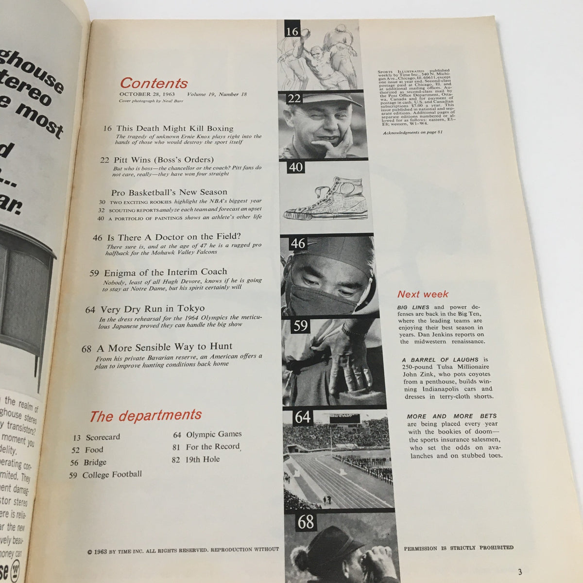 Contents page of Sports Illustrated Magazine from October 28, 1963 detailing articles and features of that edition.