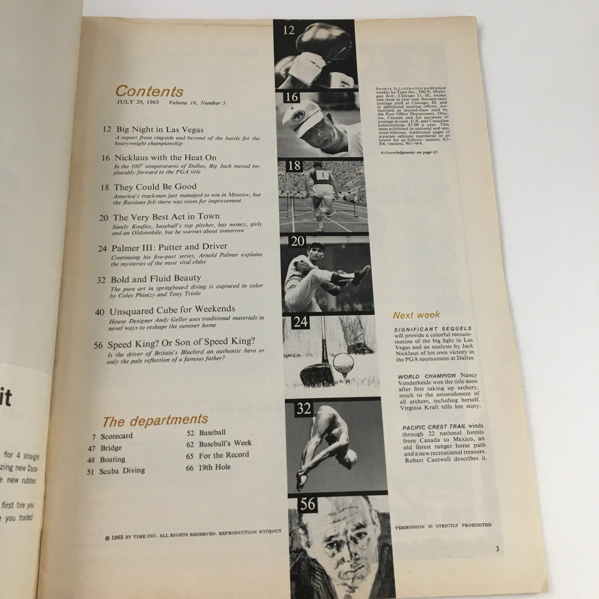 Sports Illustrated Magazine July 29 1963 contents page detailing articles including 'Big Night in Las Vegas' and 'Palmer III: Putter and Driver'.