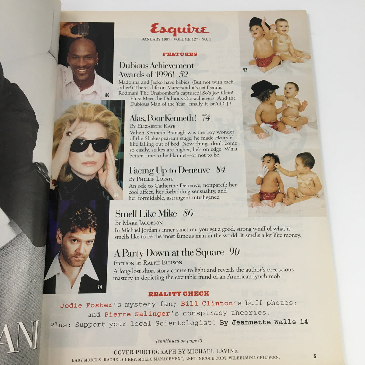 Inside page of Esquire Magazine January 1997 detailing features and articles, including a section titled 'Dubious Achievement Awards of 1996', reflecting the magazine's unique style and content.