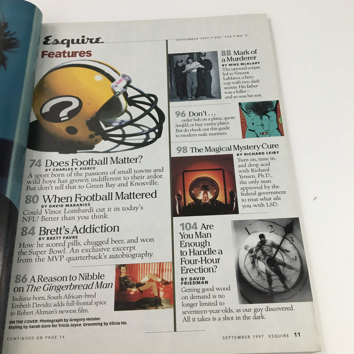Interior page of Esquire Magazine September 1997 showcasing features including 'Does Football Matter?' and sections related to Brett Favre.