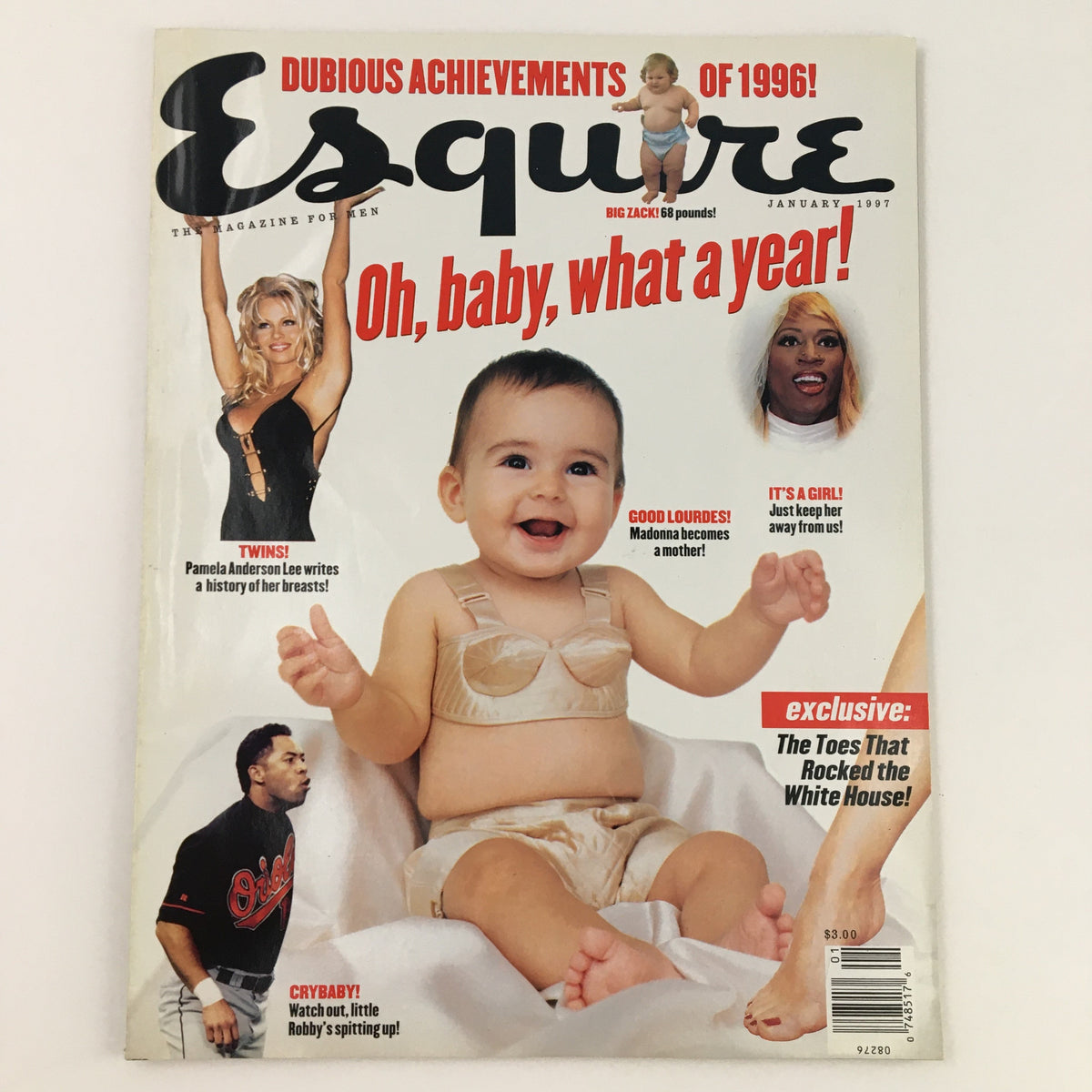 Cover of Esquire Magazine January 1997 featuring models Rachel Curry, Nicole Cody, and Wilhelmina Children, showcasing the cultural trends of the late 90s with attention-grabbing headlines.