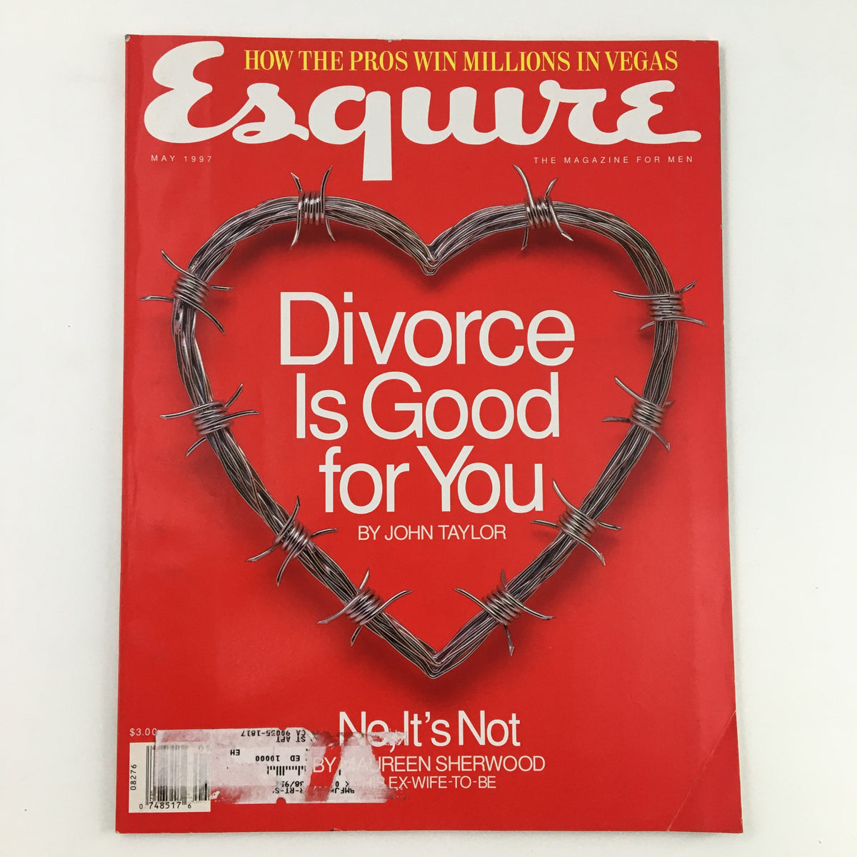 Cover of Esquire Magazine May 1997 featuring the headline 'Divorce Is Good for You' by John Taylor, with a striking red background and a heart shape made of barbed wire.