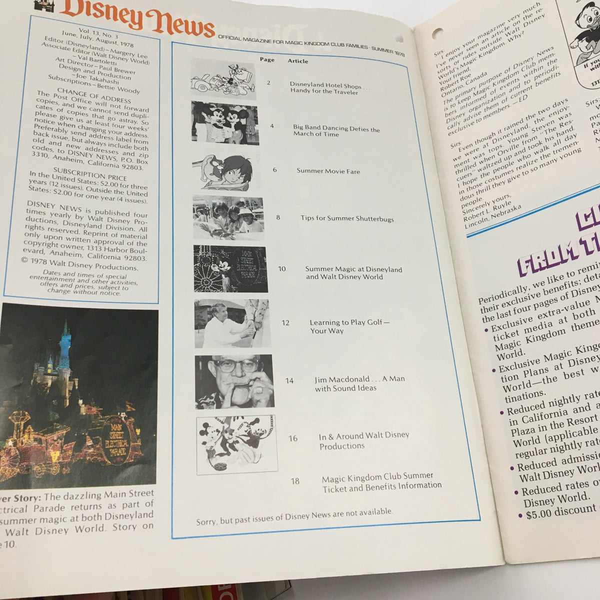 Inside page of Disney News Magazine Summer 1978, featuring table of contents with articles related to Disneyland and a colorful Main Street Electrical Parade image.