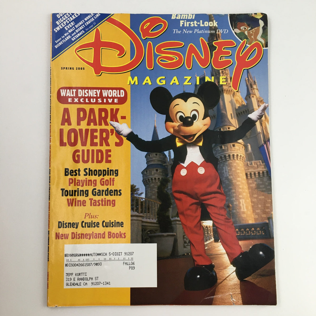 Disney Magazine Spring 2005 featuring Mickey Mouse on the cover, showcasing a Park-Lover's Guide with a vibrant theme park background.