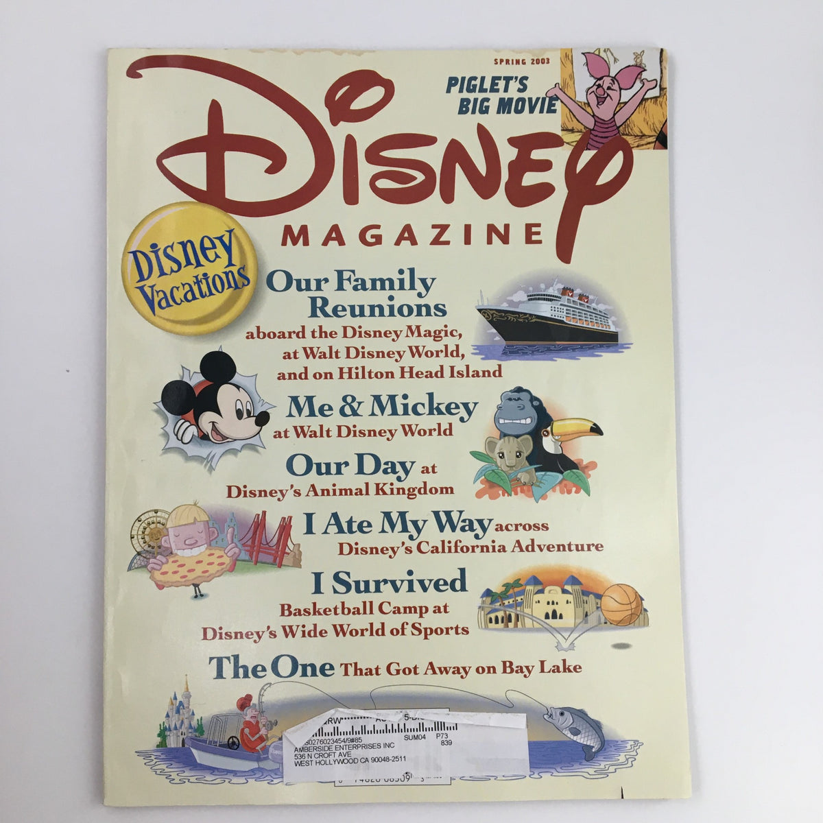 Disney Magazine Spring 2003 cover featuring Piglet, Disney Vacations, and articles about Disney's Animal Kingdom and The Magic Kingdom, showcasing vibrant illustrations and nostalgic Disney themes.