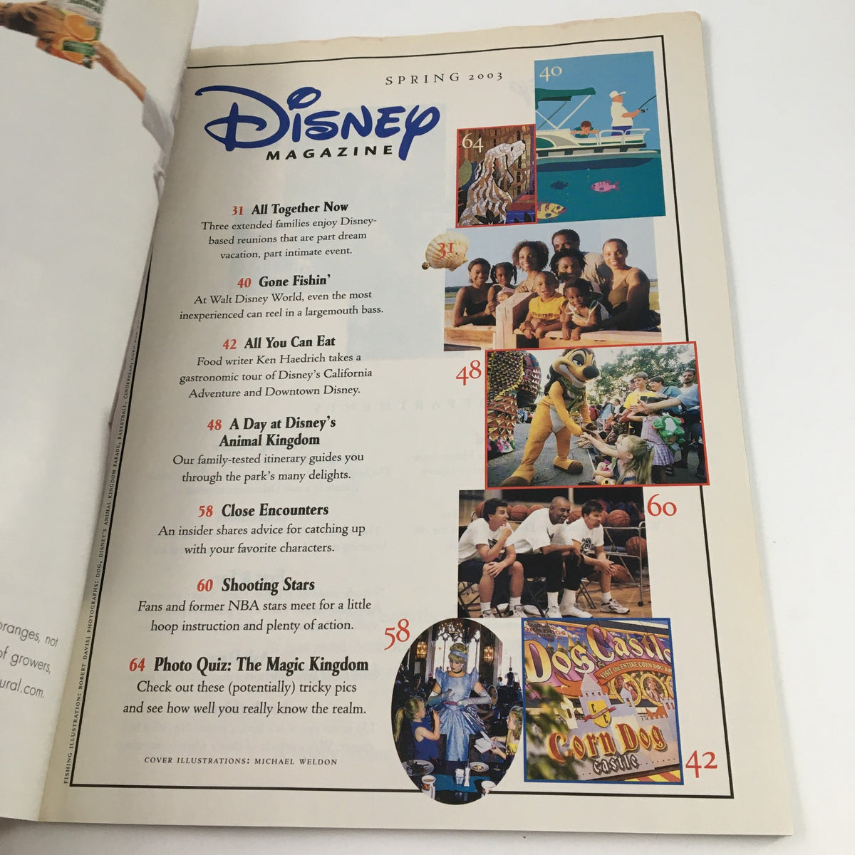 Inside page of Disney Magazine Spring 2003 displaying contents including features about A Day at Disney's Animal Kingdom, The Magic Kingdom, and more, highlighting the exciting attractions and experiences of Disney parks.
