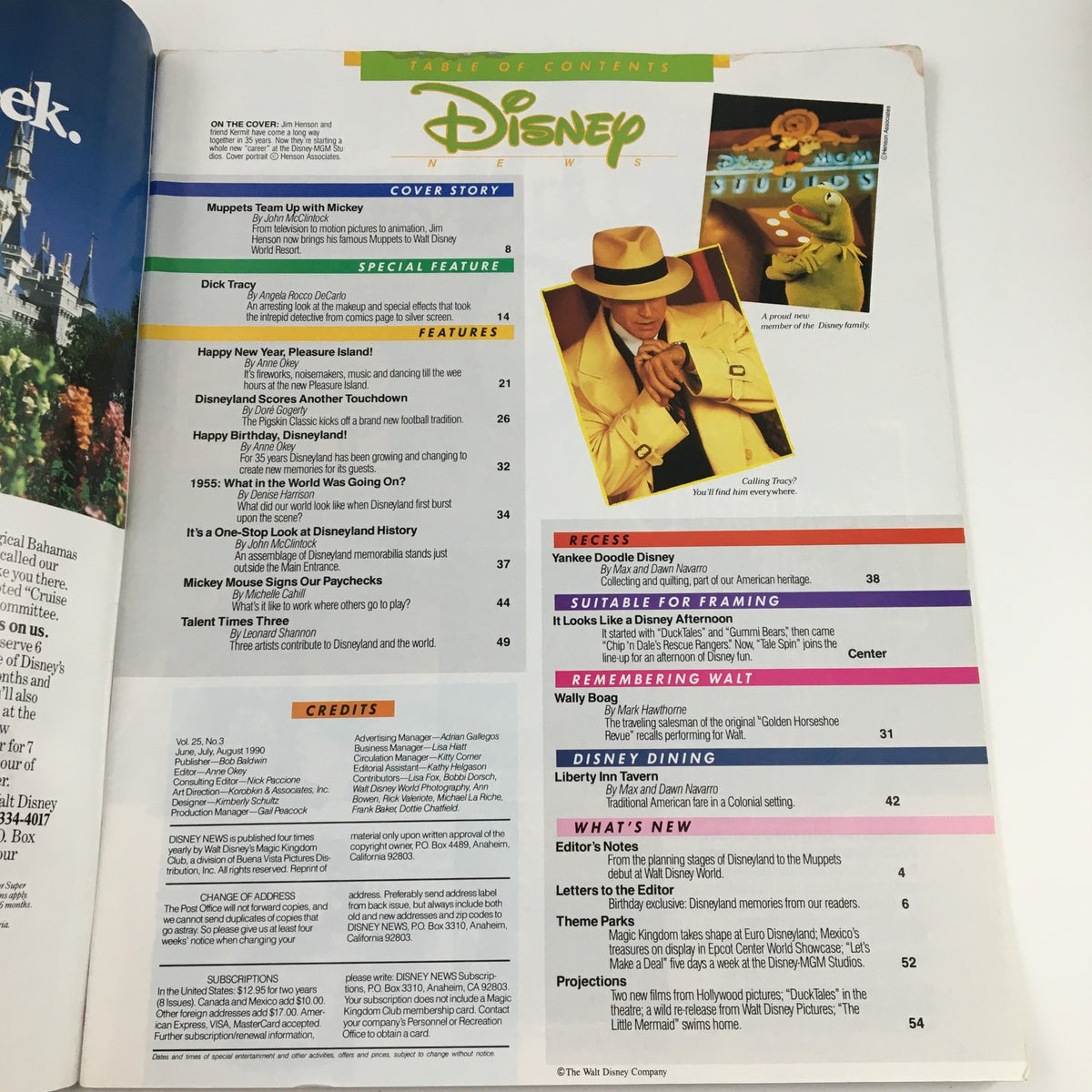 Interior page showing the table of contents for Disney News Magazine Summer 1990, detailing articles and sections related to Jim Henson and Muppets.