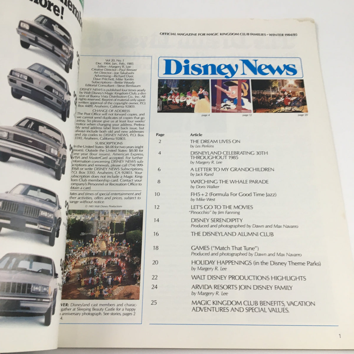 Inside page of Disney News Magazine Winter 1984 showcasing the table of contents, including articles about Disneyland's 30th anniversary.