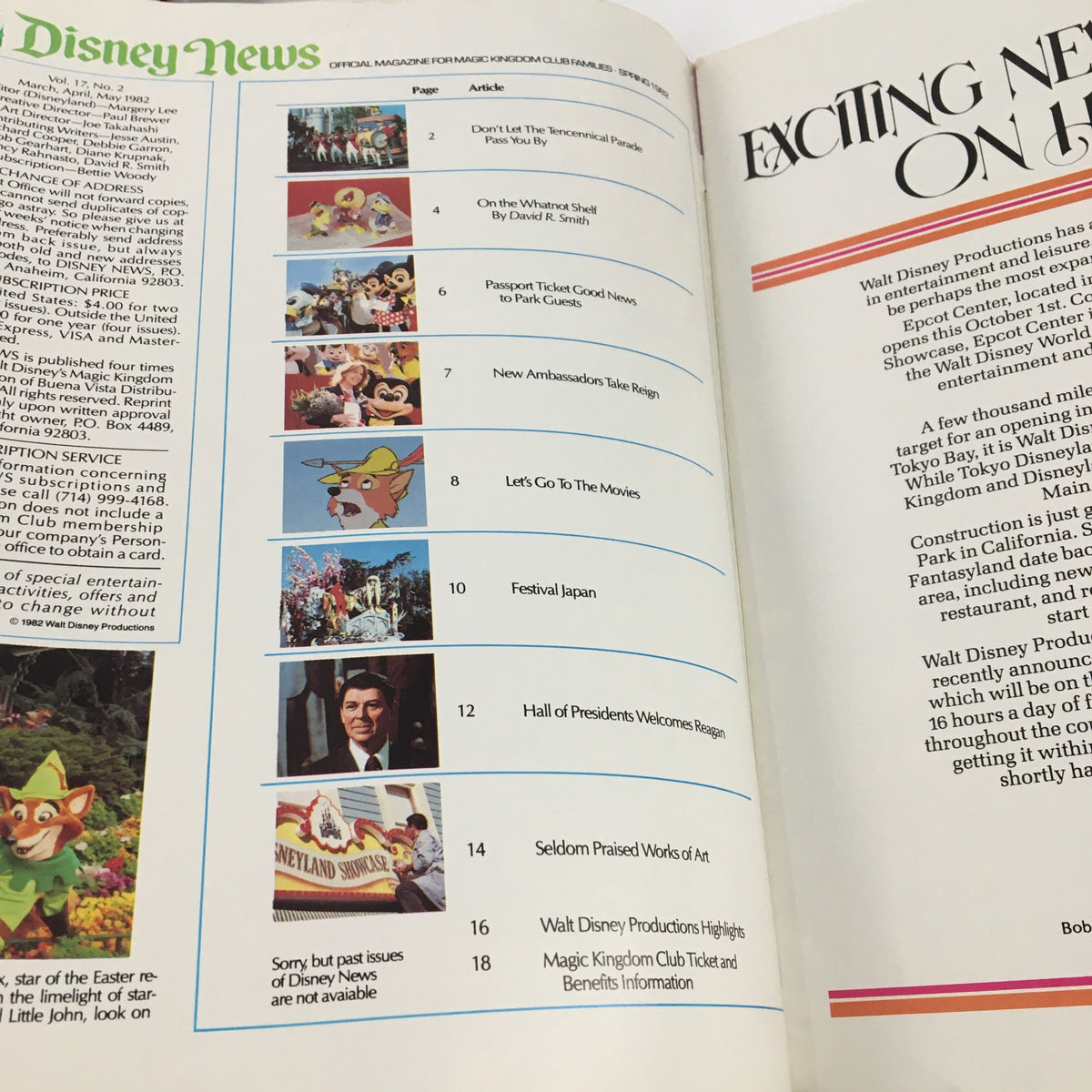 Inside page of Disney News Magazine Spring 1982 featuring a table of contents with articles including Robin Hood, Disney characters, and Ronald Reagan's welcome, reflecting Disney's cultural impact.