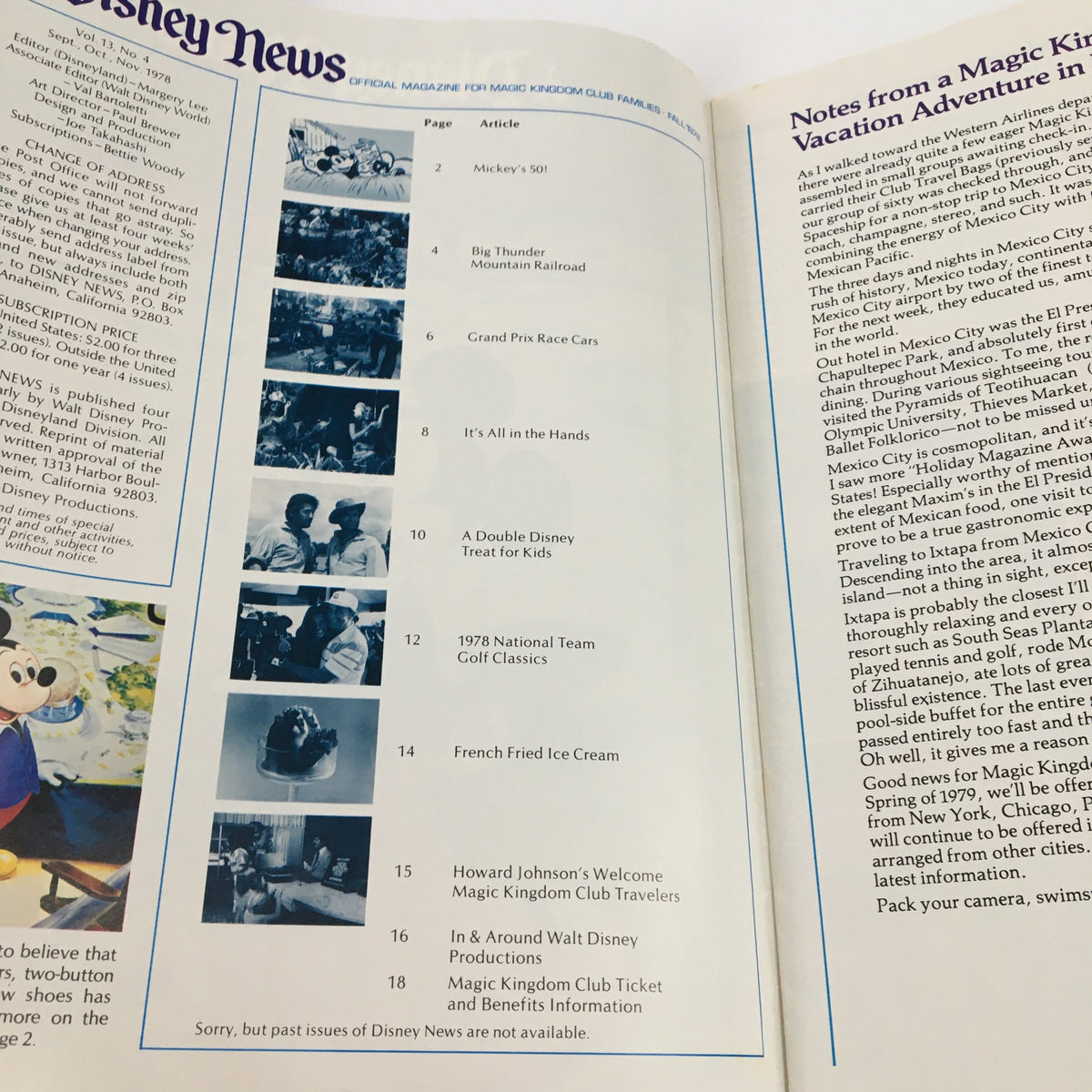 Inside page of Disney News Magazine Fall 1978 featuring articles like Mickey's 50 and Howard Johnson's Welcome Club Travelers.