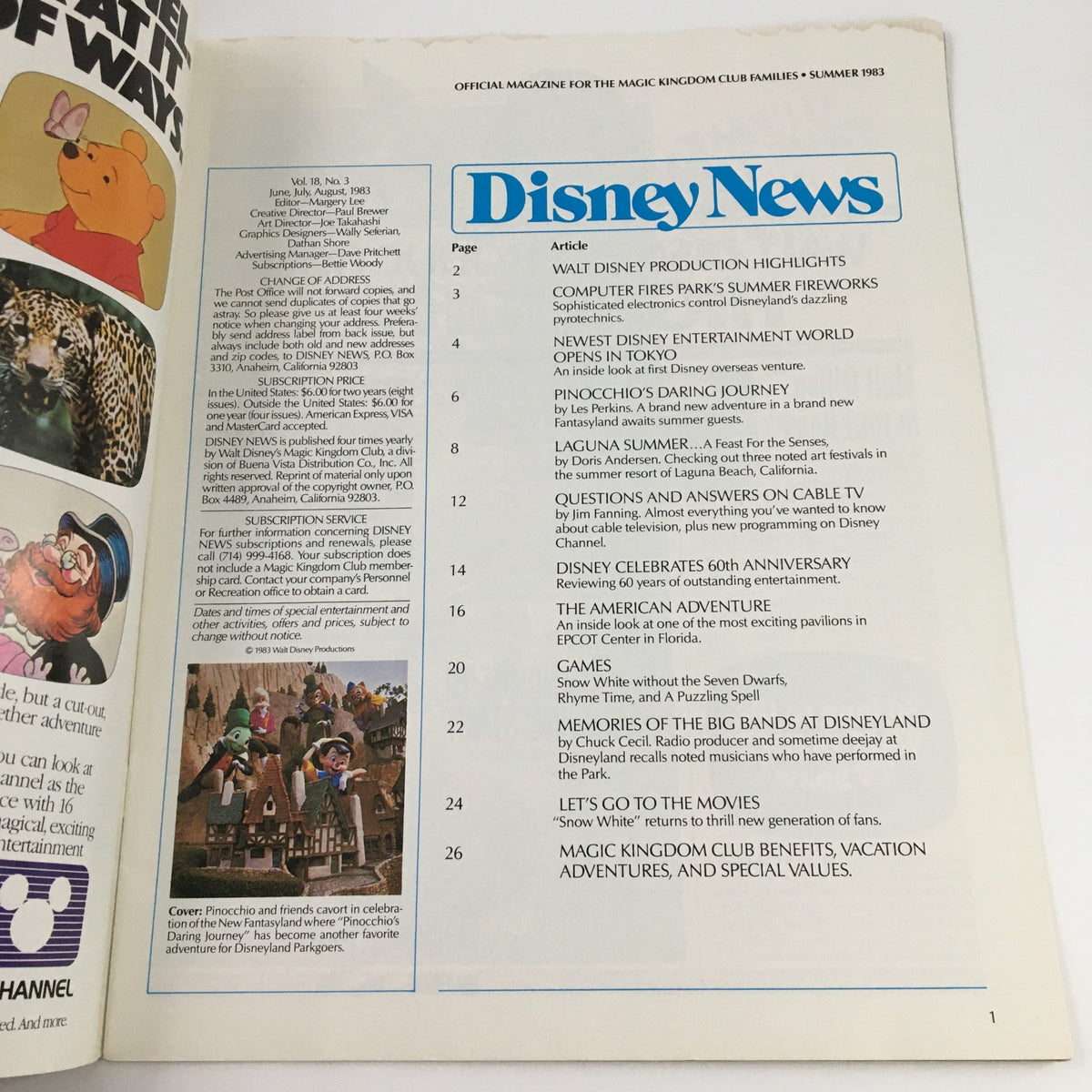Inside page of Disney News Magazine Summer 1983 listing articles, including highlights on Pinocchio's Daring Journey and the celebration of Disney's 60th anniversary.