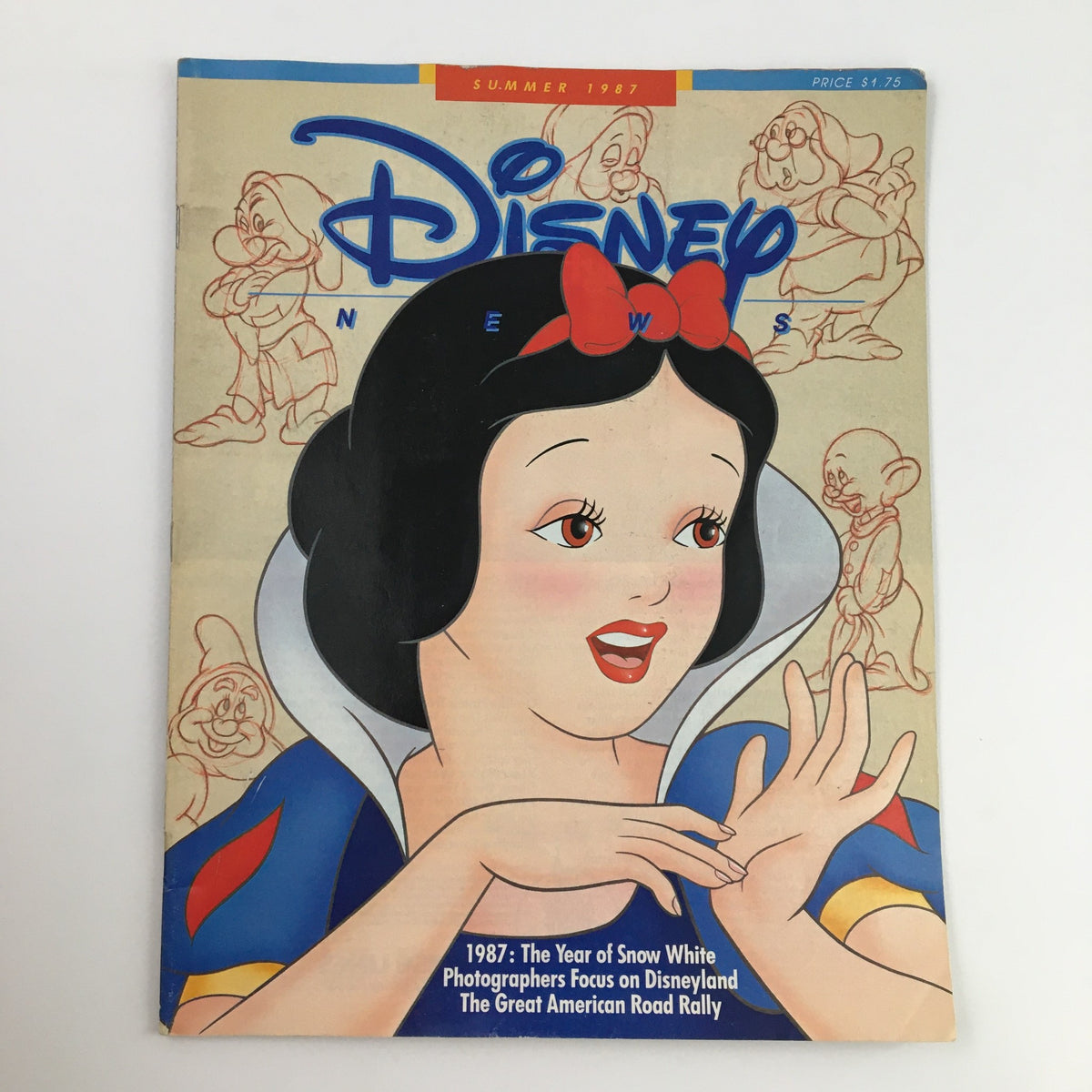Cover of 'Disney News Magazine Summer 1987' featuring Snow White, highlighting the theme 'Still The Fairest of Them All', decorated with character sketches from the classic Disney movie.