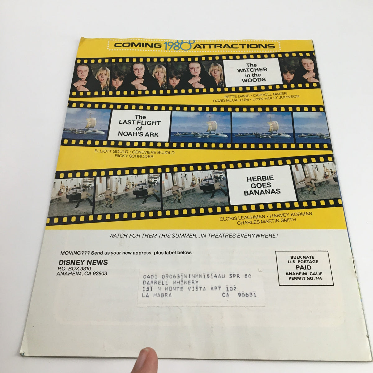 Back cover of the Disney News Magazine Spring 1980, showcasing upcoming attractions including 'A Watcher in the Woods' and advertisements for other films.