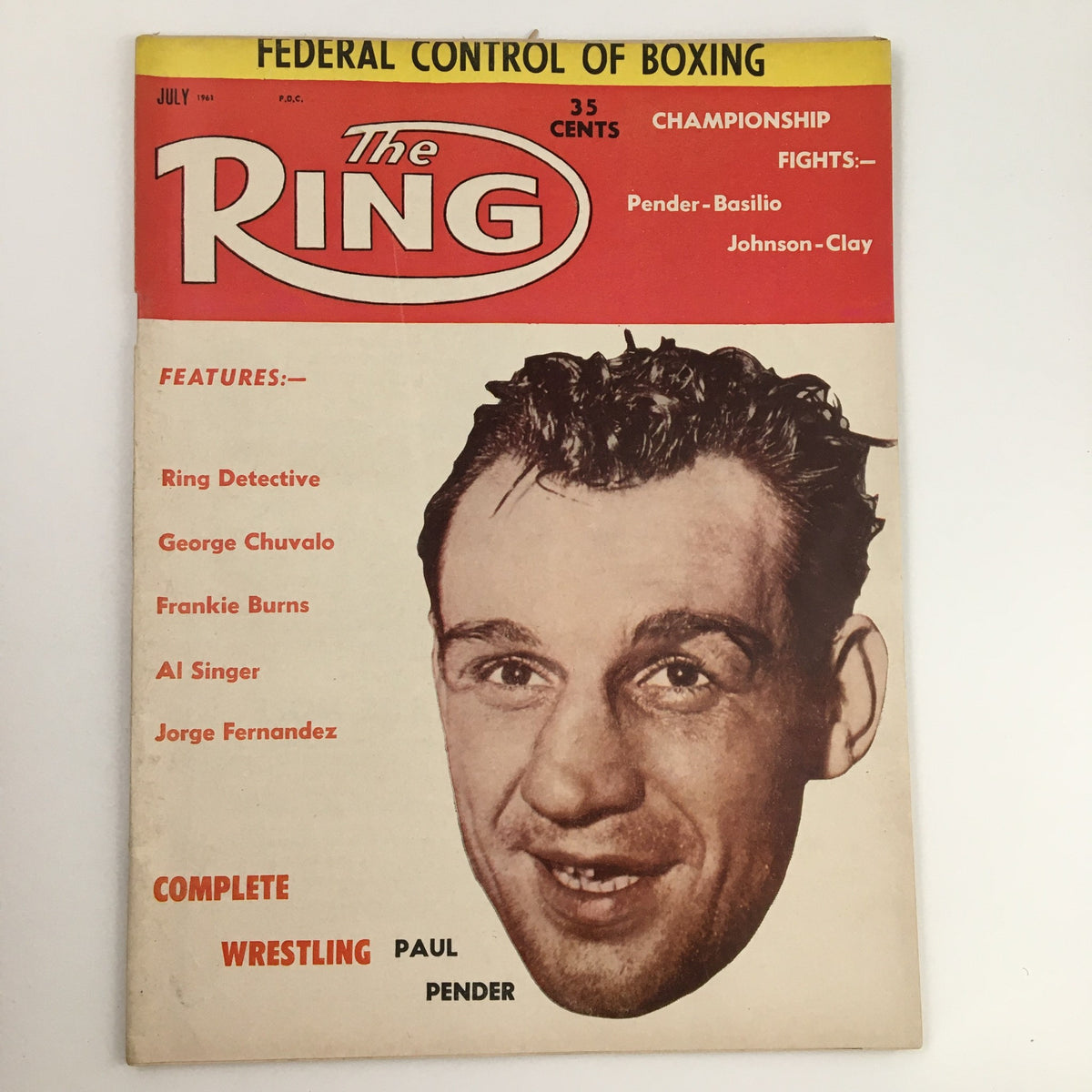 The Ring Boxing Magazine July 1961 cover featuring Paul Pender, showcasing titles and features like championship fights and notable boxers.