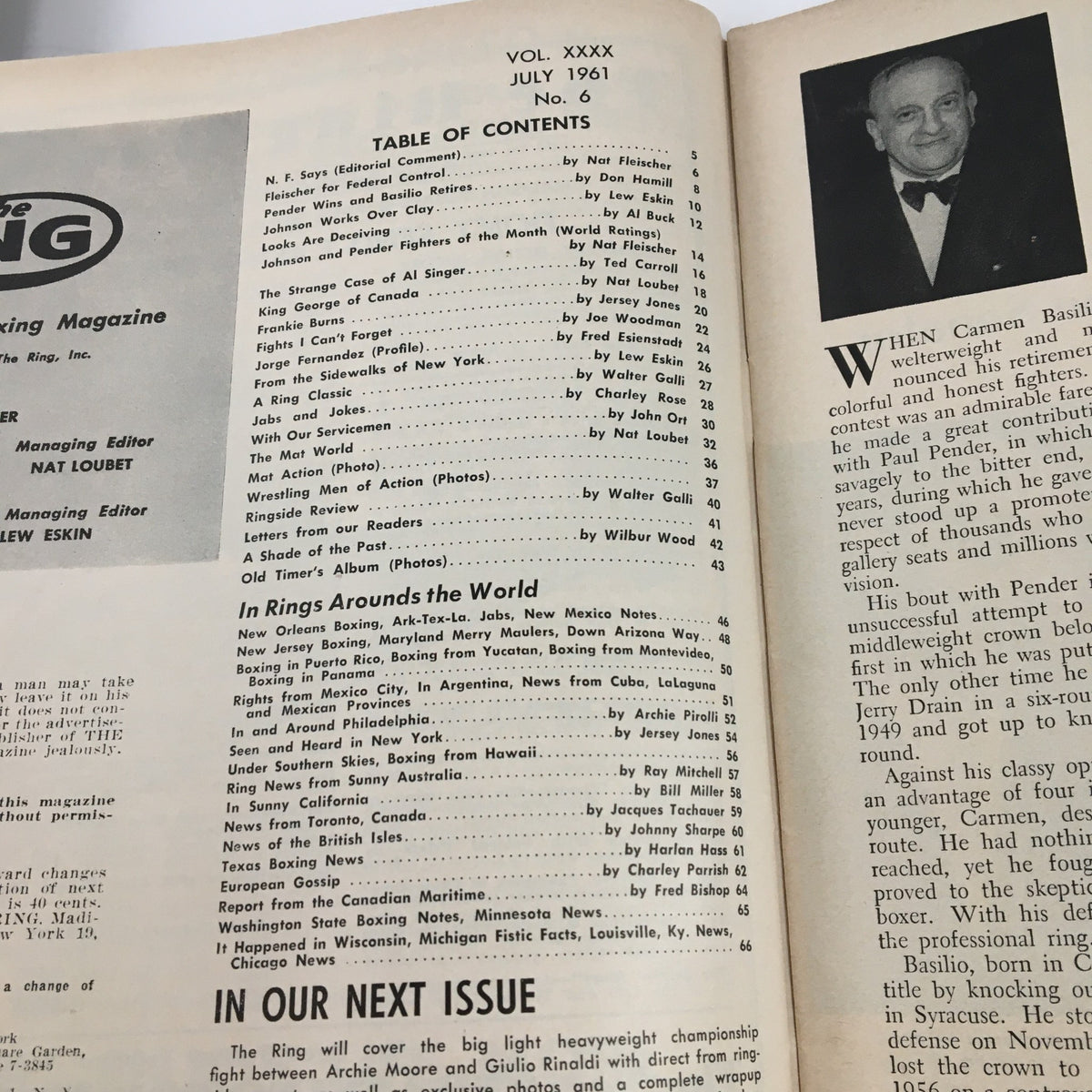 Inside page of The Ring Boxing Magazine July 1961 displaying the table of contents with articles and features related to boxing events of the era.