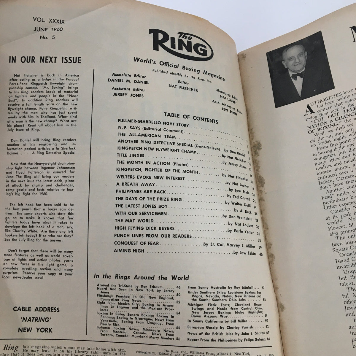 Inside page of The Ring Boxing Magazine June 1960, showing the table of contents and editorial notes.