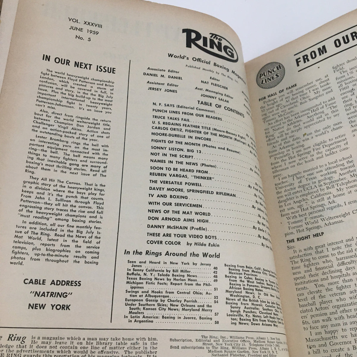 Interior pages from The Ring Boxing Magazine June 1959 displaying the table of contents and articles related to boxing, featuring headlines on Yvon Durelle vs Archie Moore.