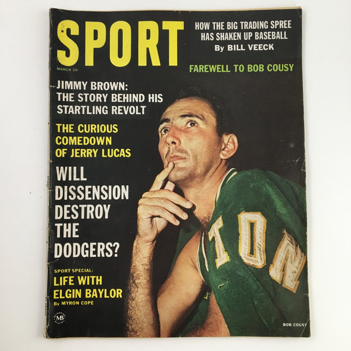 Cover of Sport Magazine, March 1963, featuring Bob Cousy, Jerry Lucas, and Elgin Baylor with headlines about sports, including Jimmy Brown and a farewell to Bob Cousy.