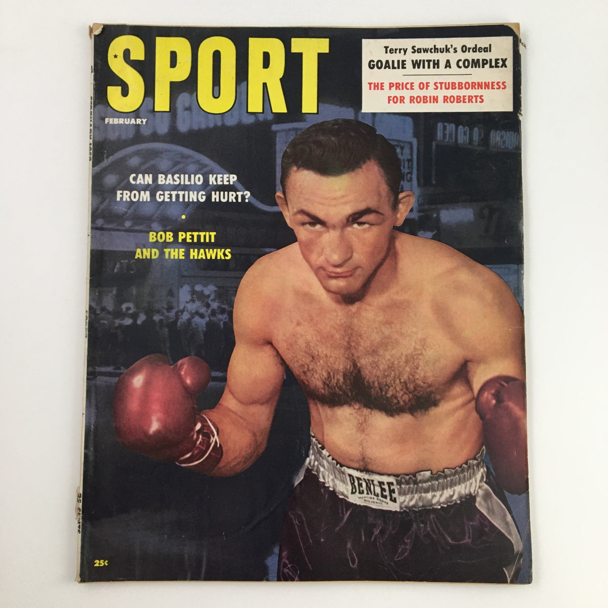 February 1958 Sport Magazine cover featuring Bob Pettit, with a boxing theme and vibrant design, ideal for vintage sports collectors.