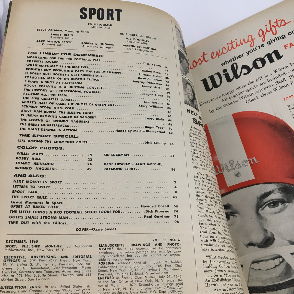 Inside page of Sport Magazine December 1960 with the table of contents and editorial details, celebrating Johnny Unitas and football history.