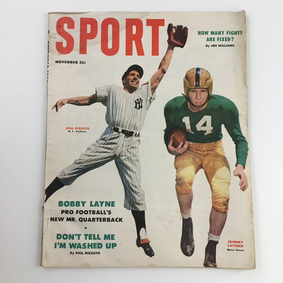 Cover of Sport Magazine November 1953 featuring Phil Rizzuto in a New York Yankees uniform and Johnny Lattner in a football uniform, highlighting themes of vintage sports collectibles.