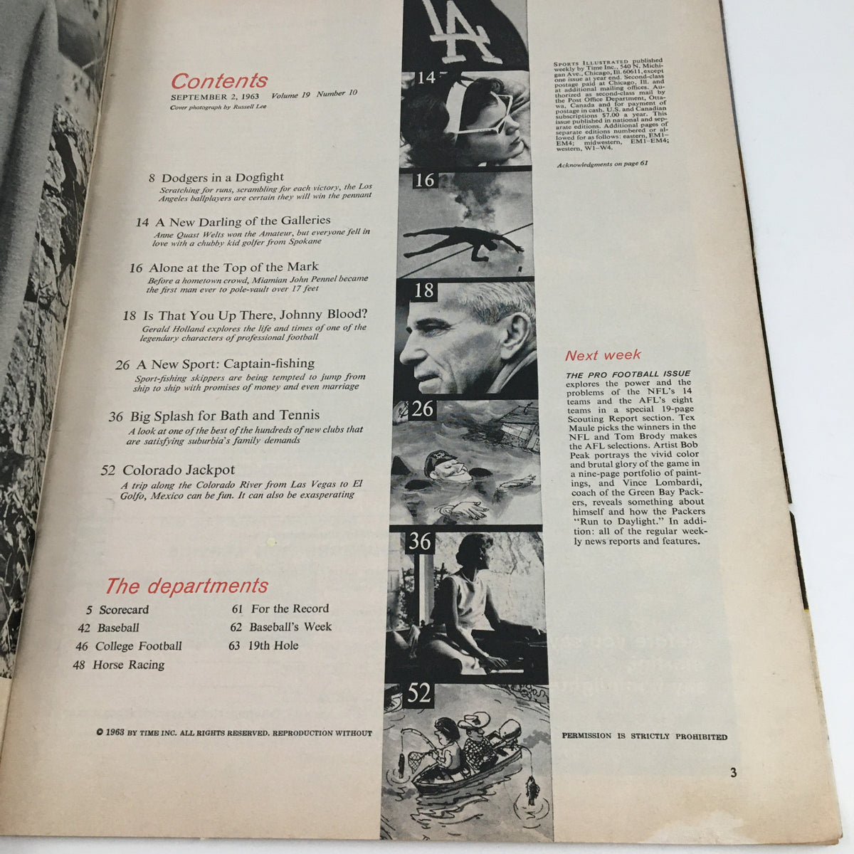 Contents page of Sports Illustrated Magazine September 2 1963, highlighting various featured articles and sections about baseball and sports.
